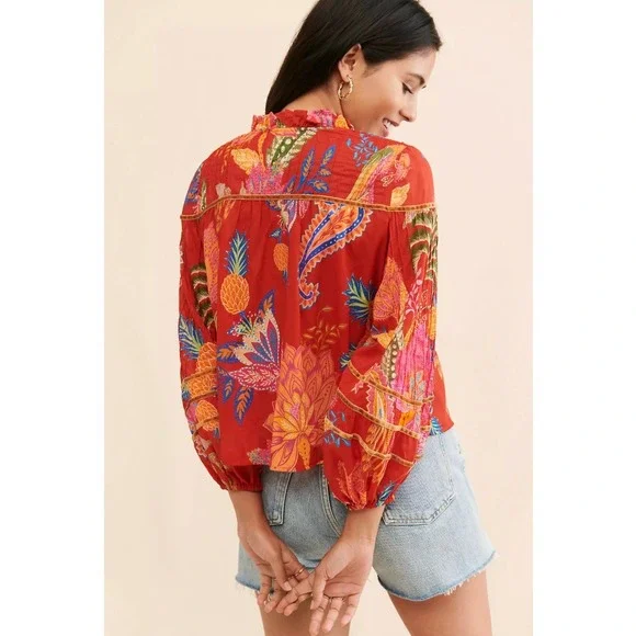 FARM Rio Mystic Bush Ruffled Blouse Floral Bird Print Button Front Ruffled Red M - Picture 2 of 16